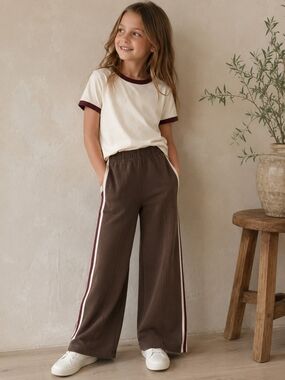 Zara Kids Brown Wide Leg Track Pants Side Stripe Retro Style | Girls Youth Loun